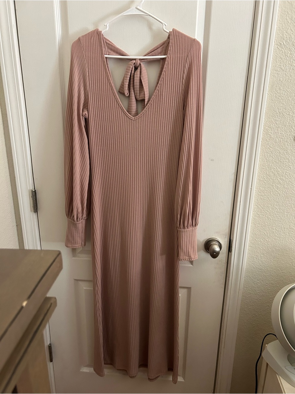 ASOS Ribbed V-Neck Long Sleeve Dress MIDI Ribbed A Line Dress in Dusty Rose